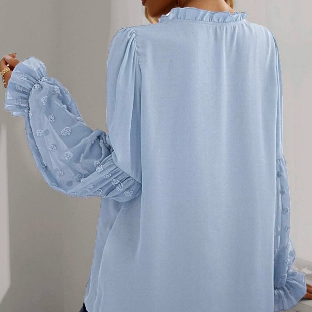 Baby Blue Casual Womens Swiss Dot Frill Trim Blouse - Picture 2 of 5